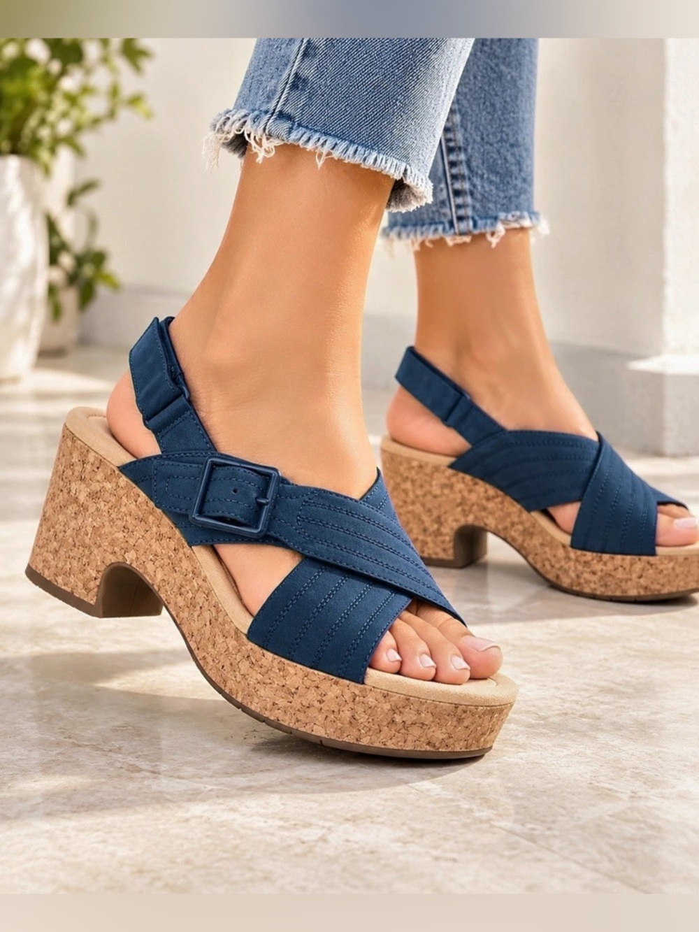 Clarks Collection Nerisa West Buckle Wedge Sandals Cork Platform Block Heel 7.5
